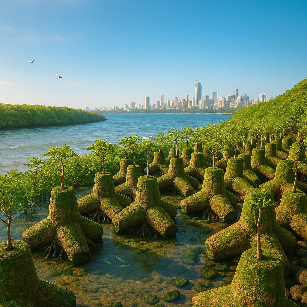 Concept rendering of vegetated modular coastal armour protecting a shoreline