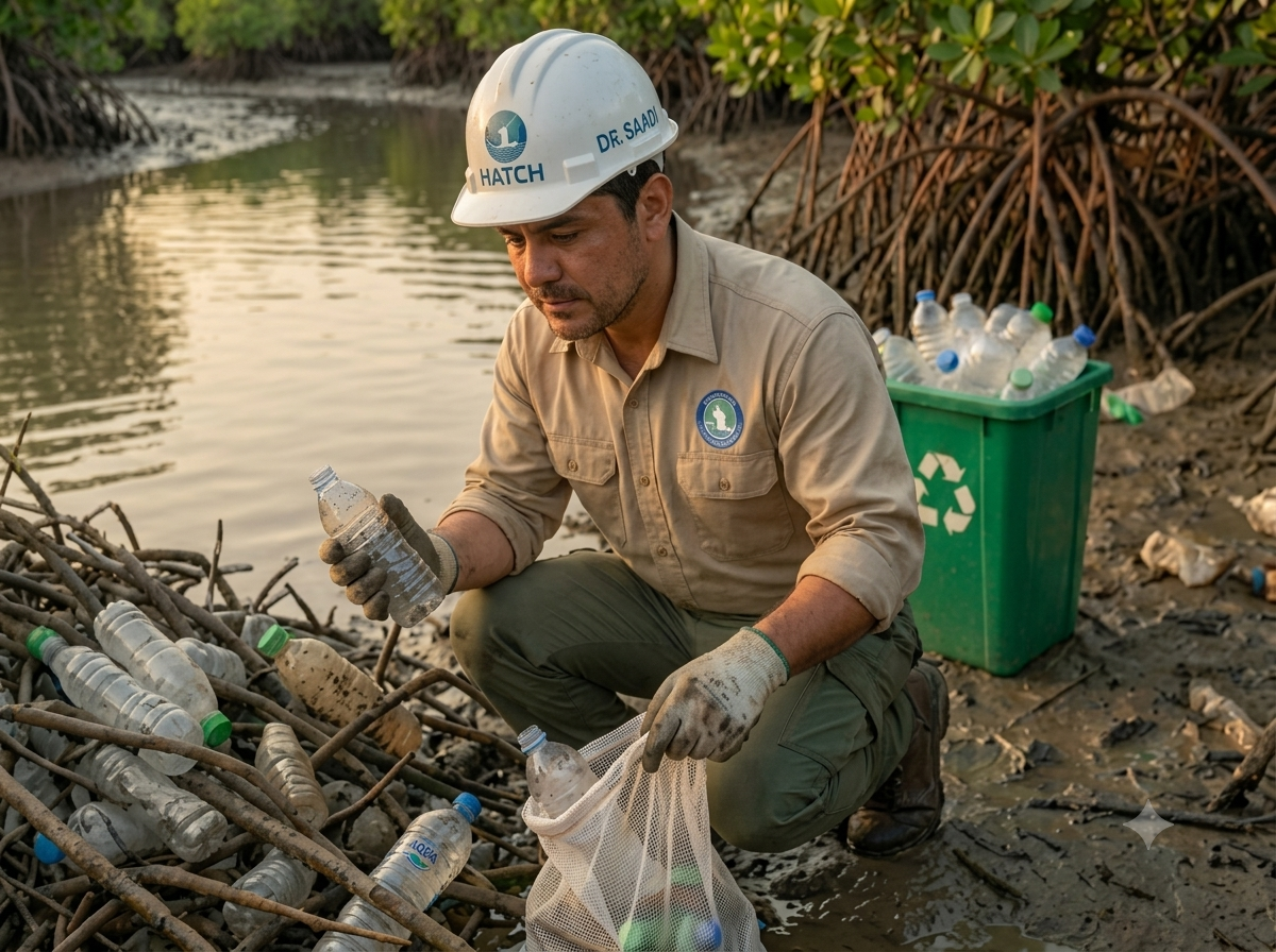 Coastal restoration worker collecting plastic waste near mangroves