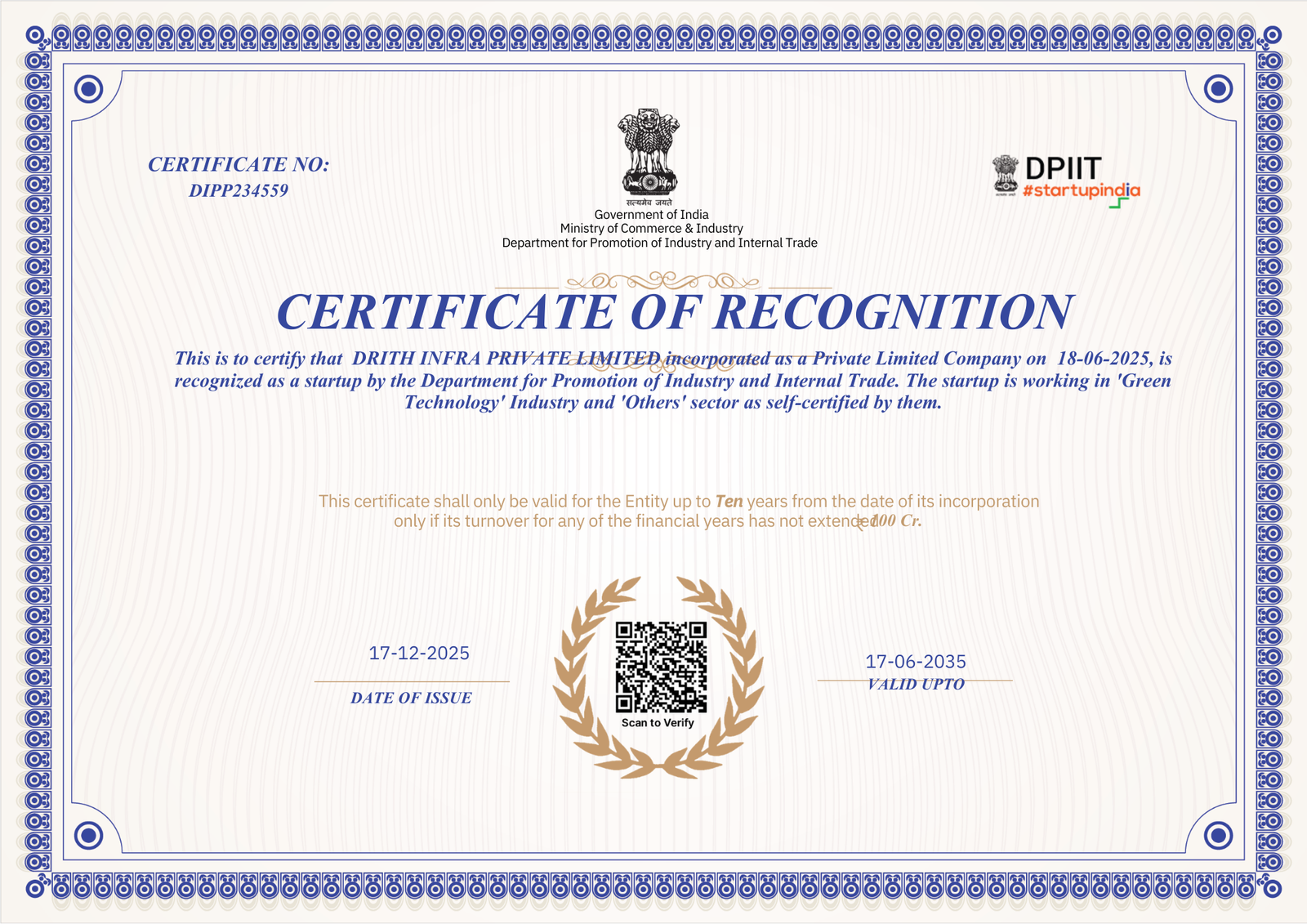 DPIIT Startup India certificate for Drith Infra