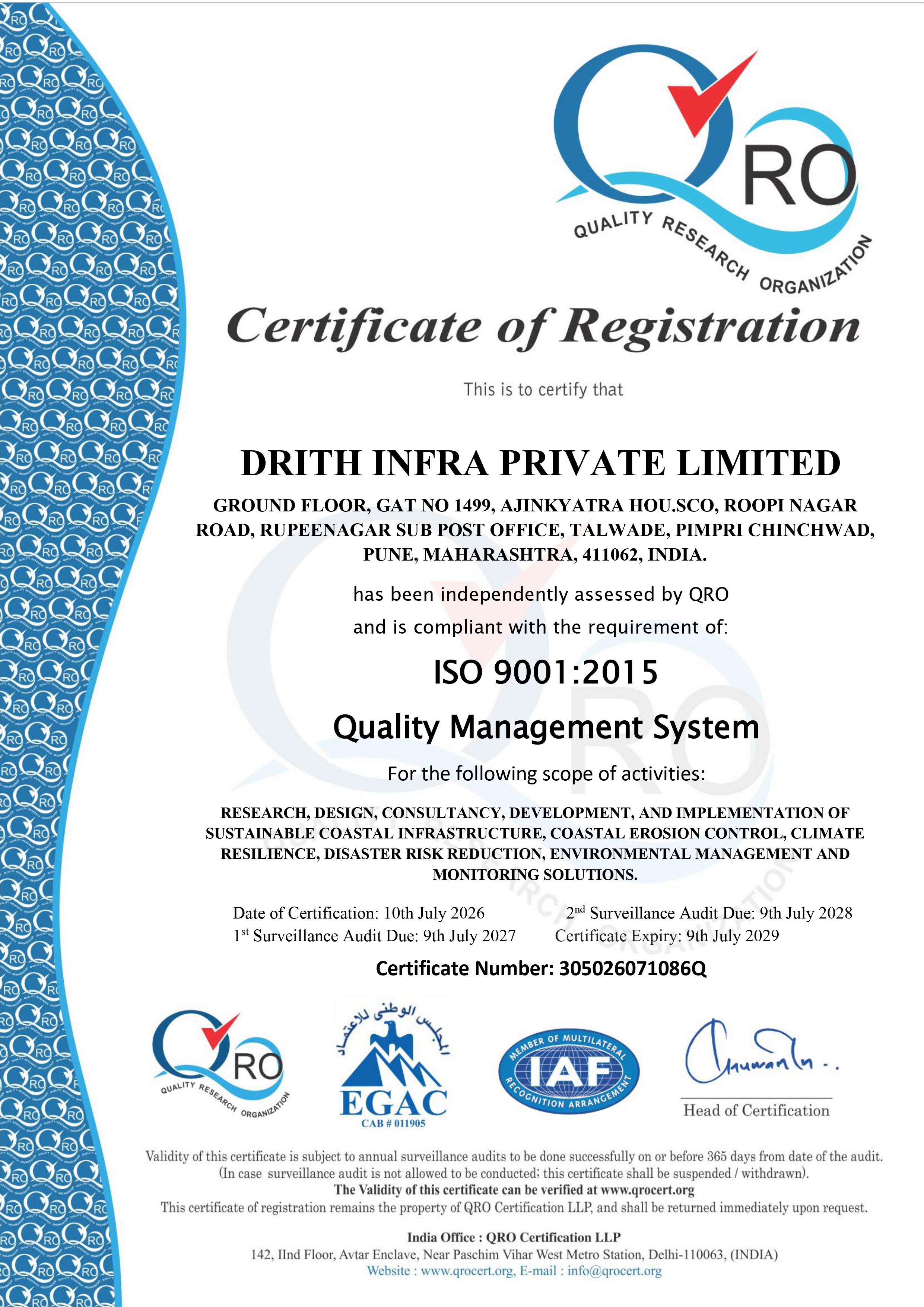 ISO 9001:2015 certificate for Drith Infra