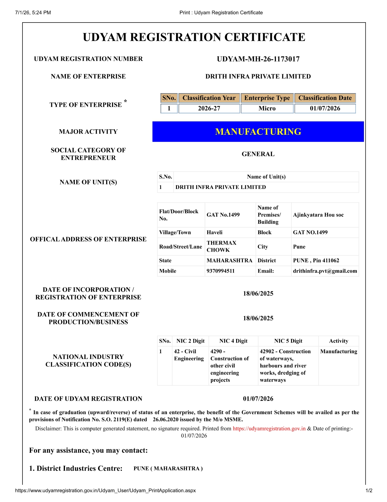 Udyam Registration Certificate for Drith Infra Private Limited
